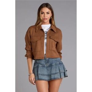 NWT Windor Faux Suede Crush Collared Crop Jacket Brown Women's Large Western